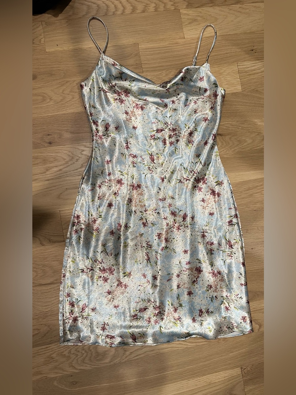BCBGeneration Satin Ice Blue Floral Mini Slip Dress